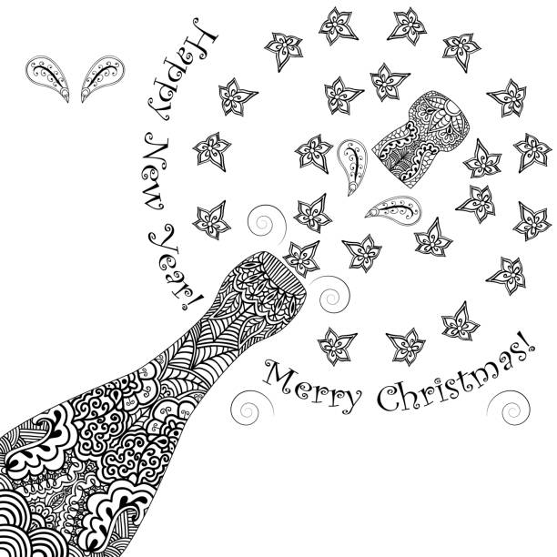 wesołych świąt i szczęśliwego nowego roku tle. otwieranie wzorzyste butelki szampana z korka. monochromatyczne spraye kwiatowe. z miejscem na tekst. - swirl christmas champagne coloured holiday backgrounds stock illustrations