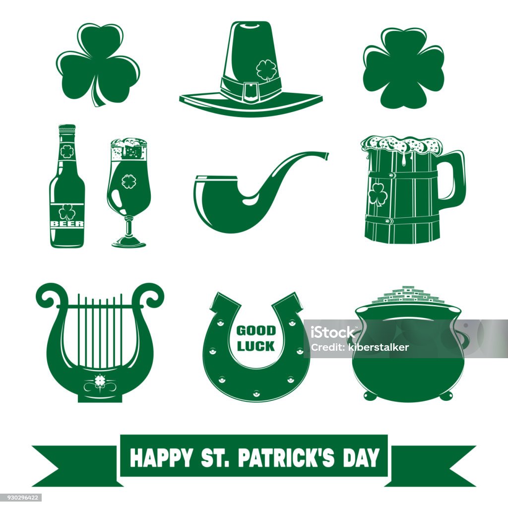 Green icon set for St. Patricks Day Green icon set for St. Patricks Day. Happy St. Patrick's Day. Patricks Day symbol collection. Vector illustration Green Color stock vector