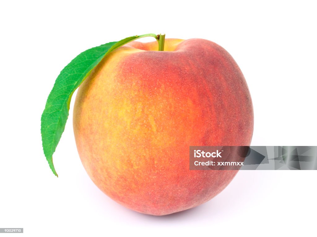 A peach isolated on white background Fresh peach with green leaf on white background Peach Stock Photo