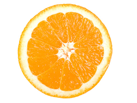 The orange fruit is isolated on a white background with orange slices.