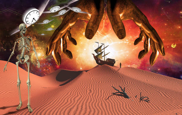 Hands of Creator God's hands over surreal red desert. Skeleton and winged clocks. Ancient ship on sand dune and figure of man in a distance. salvador dali stock pictures, royalty-free photos & images