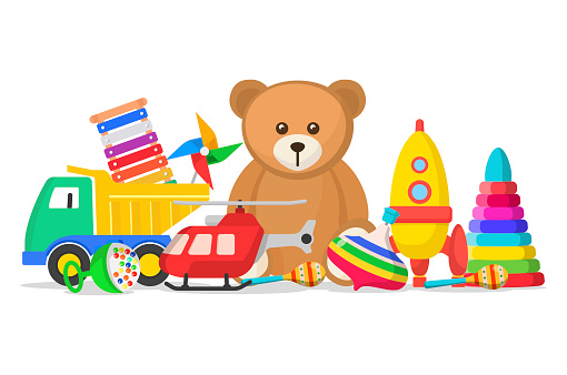 Kids toys set. Collection for a child to play with, doll, model car, teddy bear, toys for fun and amusement. Vector flat style cartoon illustration isolated on white background