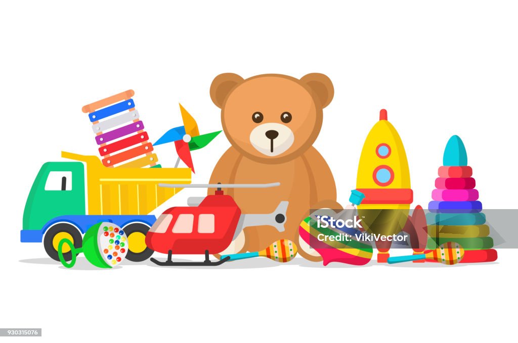 Kids toys set Kids toys set. Collection for a child to play with, doll, model car, teddy bear, toys for fun and amusement. Vector flat style cartoon illustration isolated on white background Toy stock vector