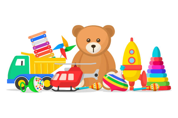 Kids toys set Kids toys set. Collection for a child to play with, doll, model car, teddy bear, toys for fun and amusement. Vector flat style cartoon illustration isolated on white background toy stock illustrations