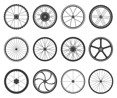 Bicycle wheels set. Circular frame of hard material for vehicle, city, lightweight bike component. Vector flat style cartoon illustration isolated on white background