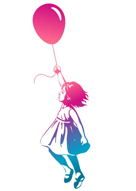 vektor handgezeichneten multicolor regenbogen silhouette abbildung von einem niedlichen kleinen kleinkind mädchen in einem sommerkleid, schweben in der luft, einen rosa roten ballon halten. street-art-schablone-stil-design-element - balloon child people color image stock-grafiken, -clipart, -cartoons und -symbole