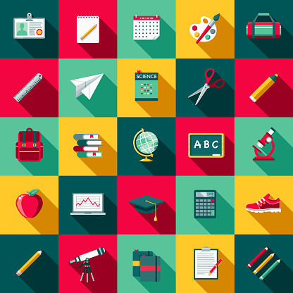 A set of flat design styled back to school supplies icons with a long side shadow. Color swatches are global so it’s easy to edit and change the colors.