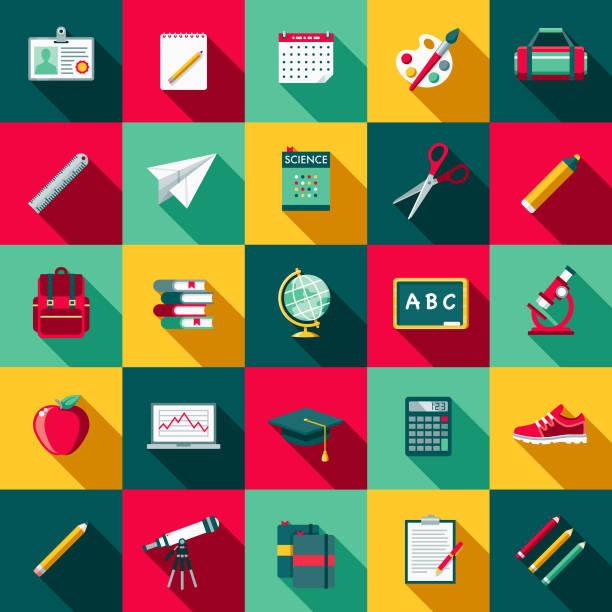 School Supplies Flat Design Icon Set with Side Shadow A set of flat design styled back to school supplies icons with a long side shadow. Color swatches are global so it’s easy to edit and change the colors. backpack illustrations stock illustrations