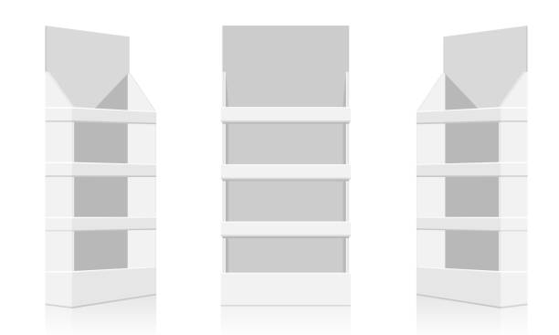 POS display mockup - front view. Flat and solid color design vector POS display mockup - front view. Flat and solid color design. Vector illustration store display shelf stock illustrations