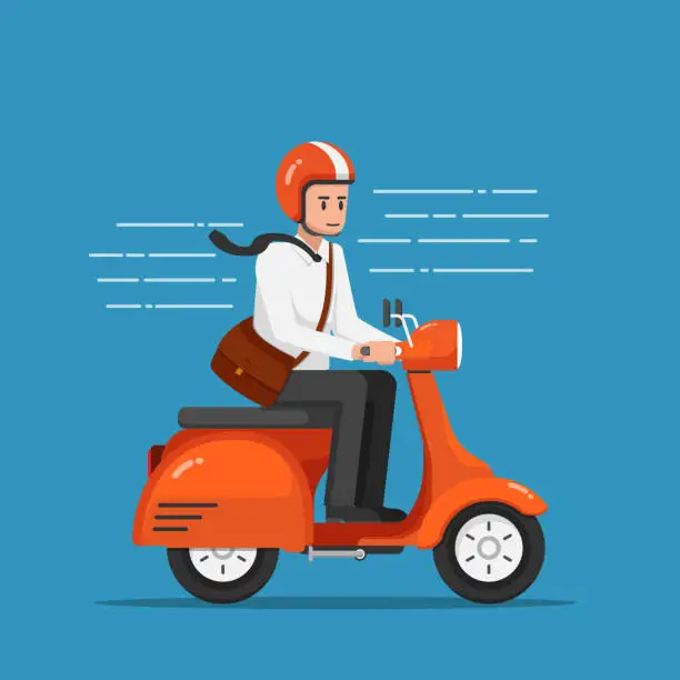 Vector illustration of Businessman riding motorcycle or scooter going to work.