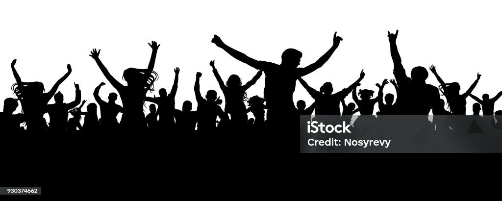 Crowd cheerful people silhouette. Joyful mob. Happy group of young people dancing at musical party, concert, disco. Sports fans, applause, cheering. Vector on white background Adult stock vector