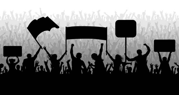 istock Demonstration, manifestation, protest, strike, revolution. Crowd of people with flags, banners. Sports, mob, fans. Silhouette background vector 930374706