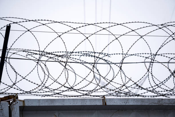 istock Barbed wire on concrete fence 930375344