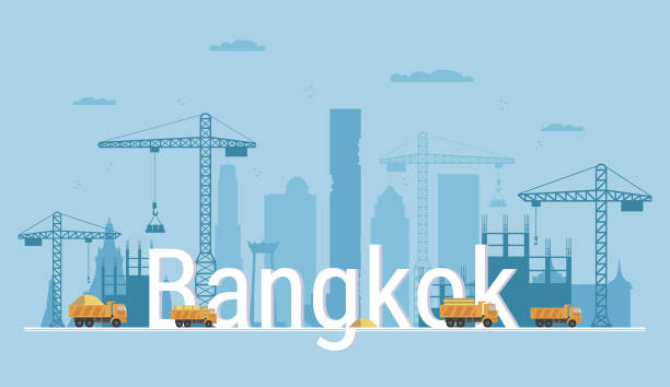 Bangkok city under construction. Banner in flat style. Modern building process and delivery of building materials. Big building area. Abstract vector illustration with construction cranes and trucks. Bangkok city under construction. Banner in flat style. Modern building process and delivery of building materials. Big building area. Abstract vector illustration with construction cranes and trucks. abstract asia backgrounds bangkok stock illustrations