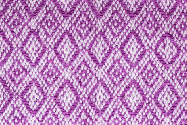 Texture of the fabric surface made of knitted natural cotton fiber, purple-lilac pattern, abstract background