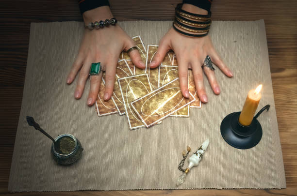 istock Tarot cards. Future reading concept. Fortune teller desk table. 930382202