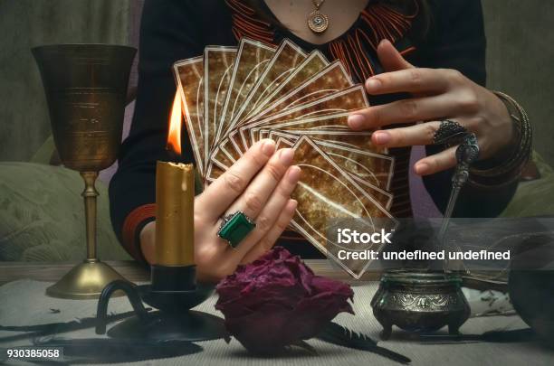 Tarot Cards On Fortune Teller Desk Table Future Reading Concept Stock Photo - Download Image Now