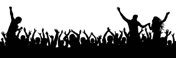 istock Cheerful fans party crowd. Cheering hands up applause. Crowd of people silhouette. 930392634
