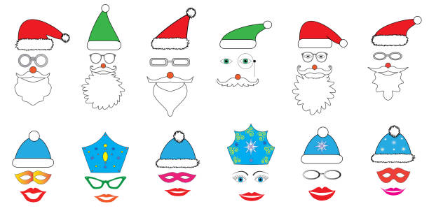 ilustrações, clipart, desenhos animados e ícones de conjunto de festa de natal - óculos, chapéus, lábios, olhos, diademas, bigodes, máscaras - para o projeto, cabine de fotos em vetor - diadem red green blue