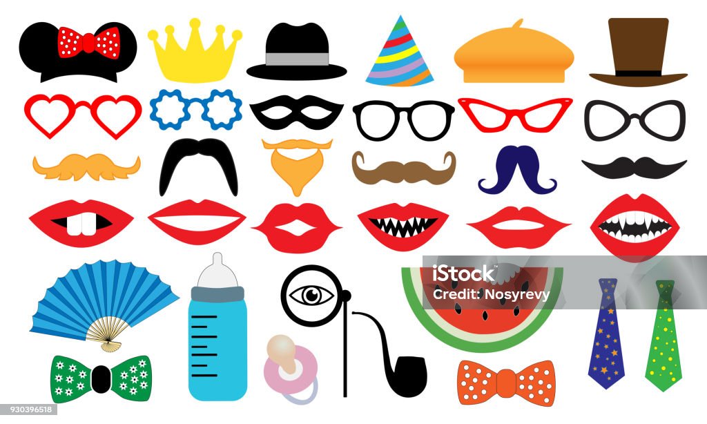 Photo booth accessory collection. Props retro party set. People face fake. Subjects for a photo shoot, session. Children's entertainment game. Vector illustration mustache, glasses, hat, monocle, tobacco pipe, fan, nipple. Hat stock vector