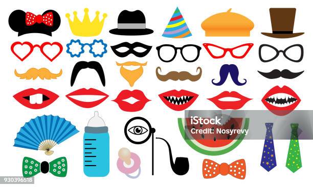 Photo Booth Accessory Collection Props Retro Party Set People Face Fake Subjects For A Photo Shoot Session Childrens Entertainment Game Vector Illustration Mustache Glasses Hat Monocle Tobacco Pipe Fan Nipple Stock Illustration - Download Image Now