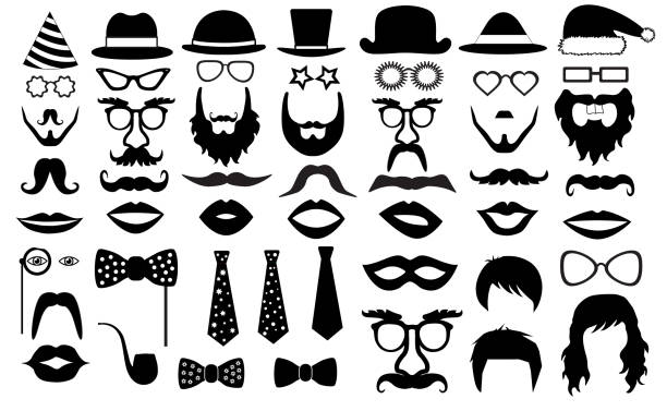 illustrations, cliparts, dessins animés et icônes de assortiment pour fête rétro. lunettes, chapeaux, lèvres, moustaches, cravate, barbe, monocle, icônes. silhouette illustration vectorielle - fake mustache