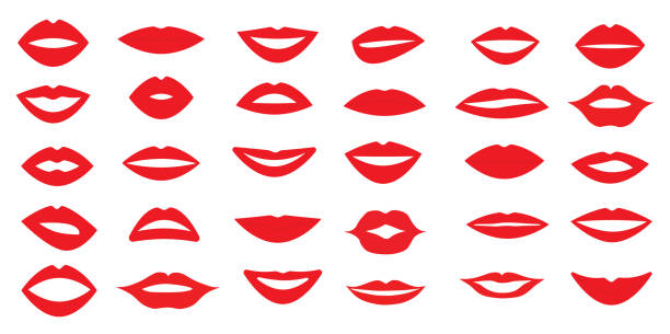 ilustrações, clipart, desenhos animados e ícones de conjunto de lábios de mulher. forma diferente dos lábios. emoções diferentes. ilustração em vetor. - mulher sorrindo