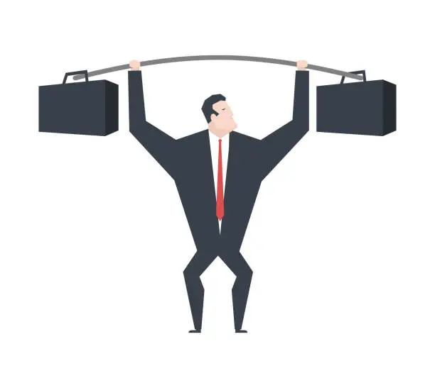 Vector illustration of Businessman lifts weights Heavy suitcase. Boss is weightlifter. office life vector illustration.