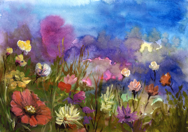 wiosenne kwiaty, malowane tło - abstract paint backgrounds field stock illustrations