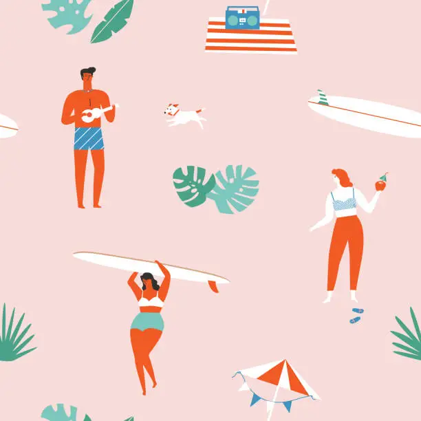 Vector illustration of Summer time beach fun seamless pattern in vector.