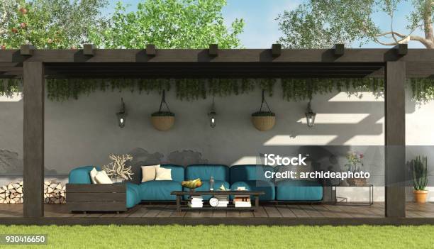 Blue Sofa Under A Wooden Pergola Stock Photo - Download Image Now - Pergola, Patio, Yard - Grounds