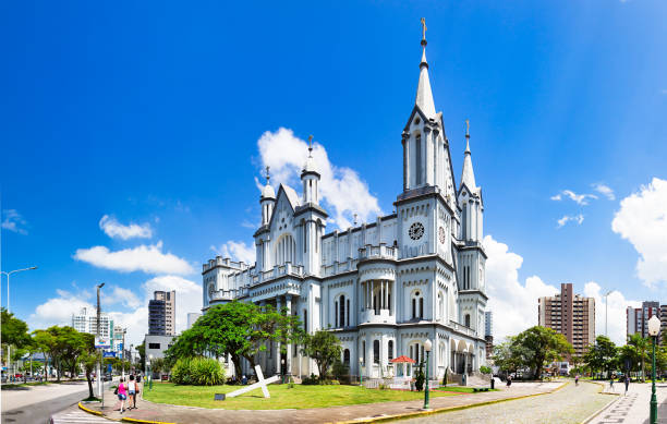 Panorama of The Matriz Church, Igreja do Santissimo Sacramento in Itajai, Santa Catarina, brazil. stock photo