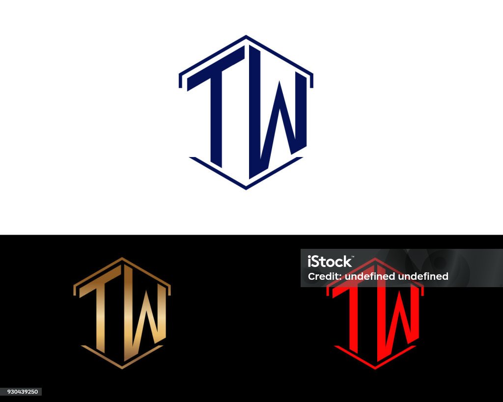 TW hexagon shape letters Design TW hexagon shape gold black red color letters Design Alphabet stock vector