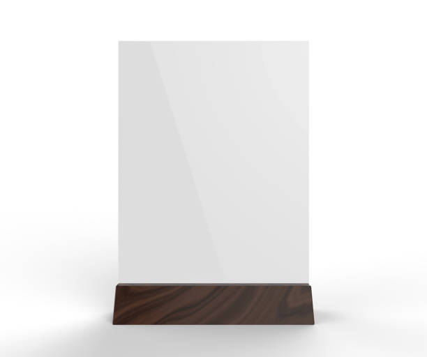 Table talkers promotional upright menu table tent top sign holder table menu card display stand picture frame for mock up and template design. 3d render illustration. Clear plastic and acrylic table talkers promotional upright menu table tent top sign holder table menu card display stand picture frame for mock up and template design. art name plates stock pictures, royalty-free photos & images