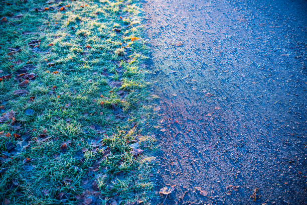 Cold fall day in the city park, sunrise, gravel walk path