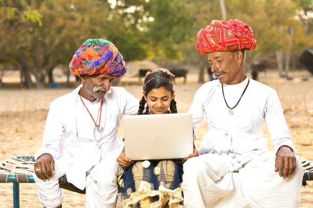 istock Rural Indian men with girl using laptop 930445534