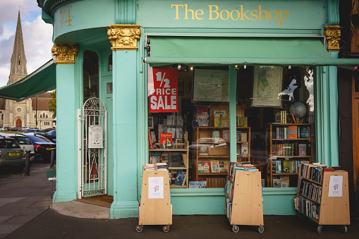 London, UK - March, 2018. A vintage bookshop on the high street in Blackheath, an area in the Borough of Lewisham. Landscape format.