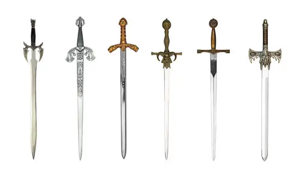 Six beautiful medieval swords isolated on white