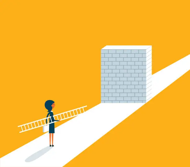 Vector illustration of Businesswoman standing in front of a large brick wall