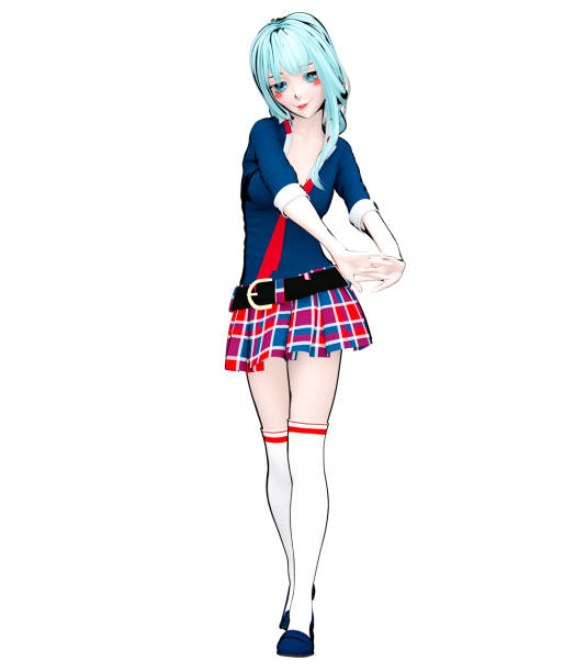 3D anime Japanese anime schoolgirl big blue eyes and bright makeup. Skirt cage. Cartoon, comics, sketch, drawing, manga illustration. Conceptual fashion art.
