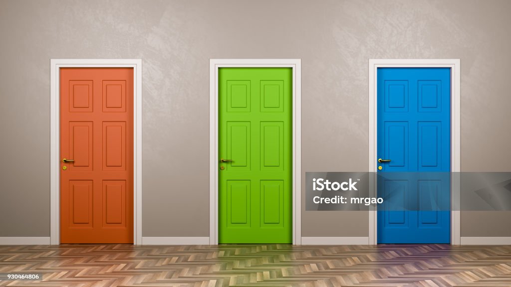 Three Closed Doors in the Room Three Closed Doors with Different Color in Front in the Room 3D Illustration, Choice Concept Choice Stock Photo