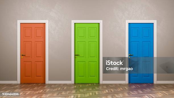 Three Closed Doors In The Room Stock Photo - Download Image Now - Choice, Three Objects, Decisions