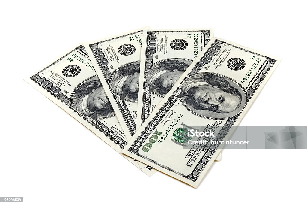 US Dollar notes with Benjamin Franklin, clipping paths  American One Hundred Dollar Bill Stock Photo
