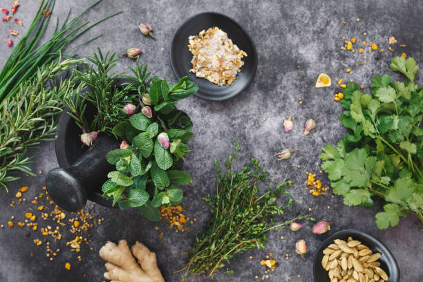 新鮮なハーブやスパイスの乳鉢と乳棒で地面を我慢 - mortar and pestle spice seasoning coriander seed ストックフォトと画像