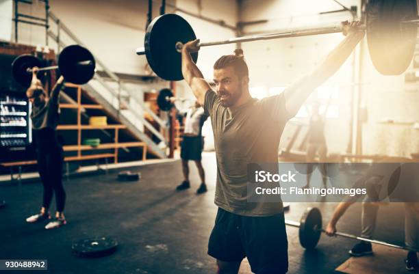 Fit Young Man Weight Training In A Gym Class Stock Photo - Download Image Now - Weightlifting, Above, Gym