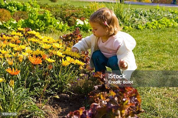 Kleines Mädchen In Einem Blumenbeet Stockfoto und mehr Bilder von Blume - Blume, Blumenbeet, Blütenblatt