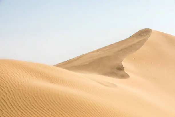 Beautiful simple image of a remote sandy desert landscape of dunes in Liwa desert in Empty Quarter. Abu Dhabi, UAE.