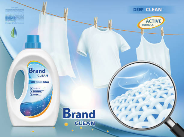 packaging with laundry detergent Plastic packaging with laundry detergent. Mock-up package with label design. Washing white clothes hanging on the rope. Stock vector illustration. clothing hang tags stock illustrations
