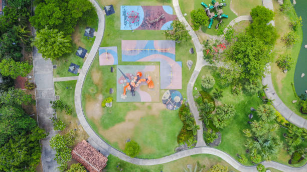istock Aerial view of playgrounds in park 930501512