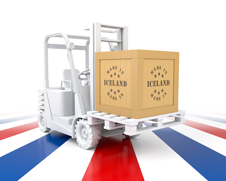 Forklift Truck with Iceland Flag Color. Made in Iceland. 3d Rendering
